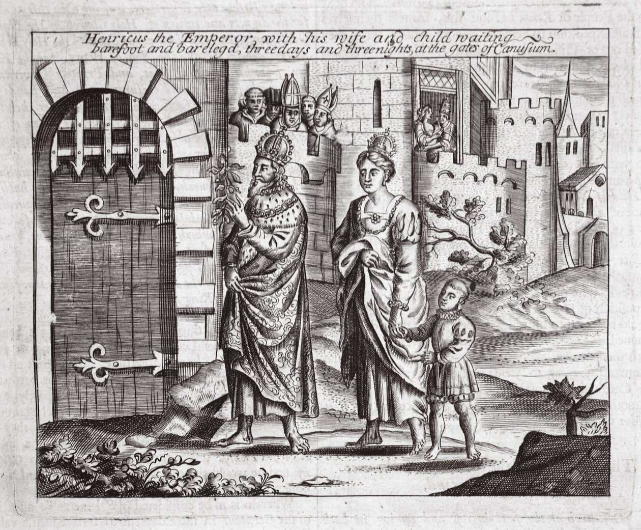 Henricus keiseren med sin kone og barn venter, barbeint og barbeint, tre dager og tre netter ved portene til Canusuam, illustrasjon fra Acts and Monuments av John Foxe, niende utgave, av English School