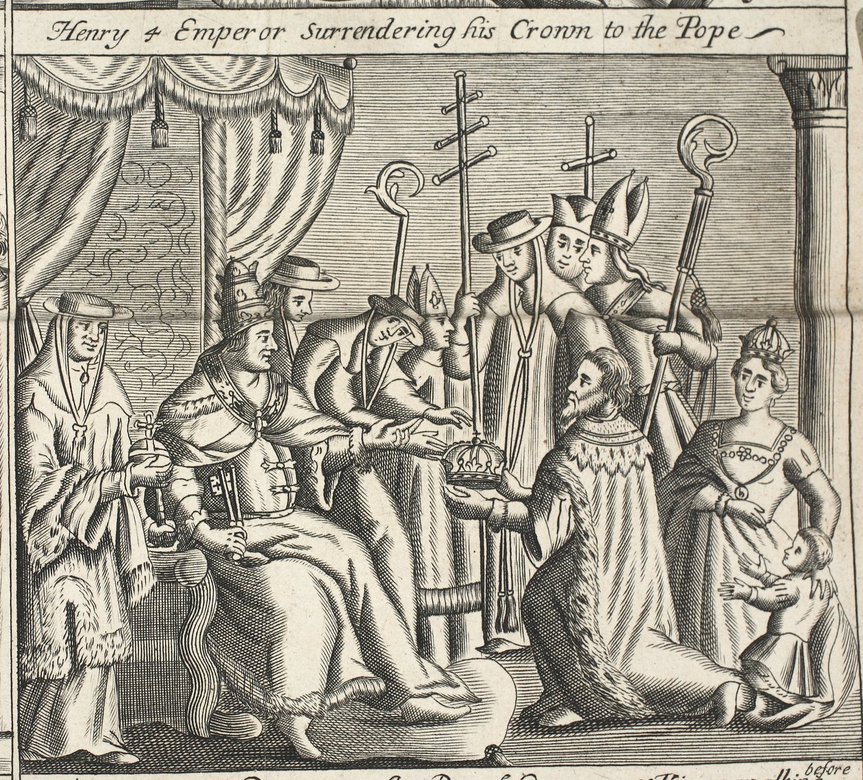 Henry 4-keiseren overgir sin krone til paven, illustrasjon fra Acts and Monuments av John Foxe, niende utgave, pub. 1684 av English School