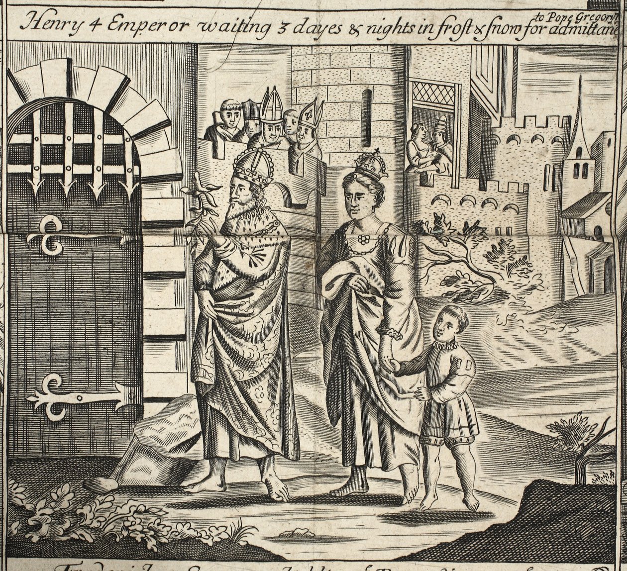 Henry 4-keiser som venter 3 dager og netter i frost og snø på adgang til pave Gregory, illustrasjon fra Acts and Monuments av John Foxe, niende utgave, pub. 1684 av English School