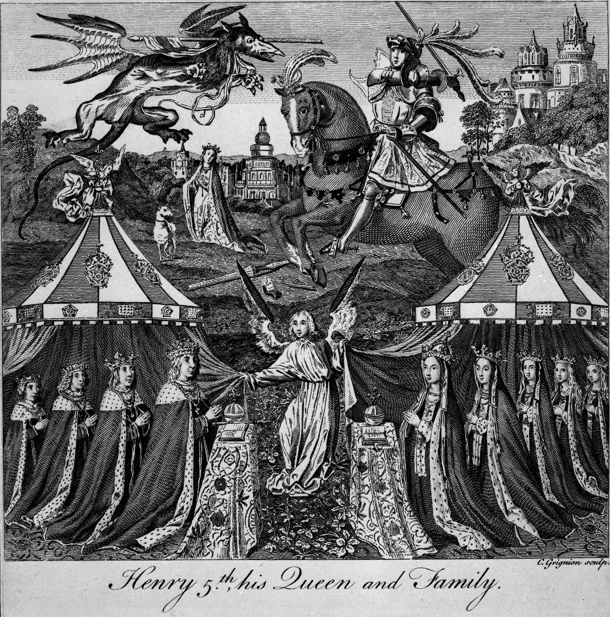 Henry 5., hans dronning og familie, gravert av Charles Grignion (1717-1810) av English School