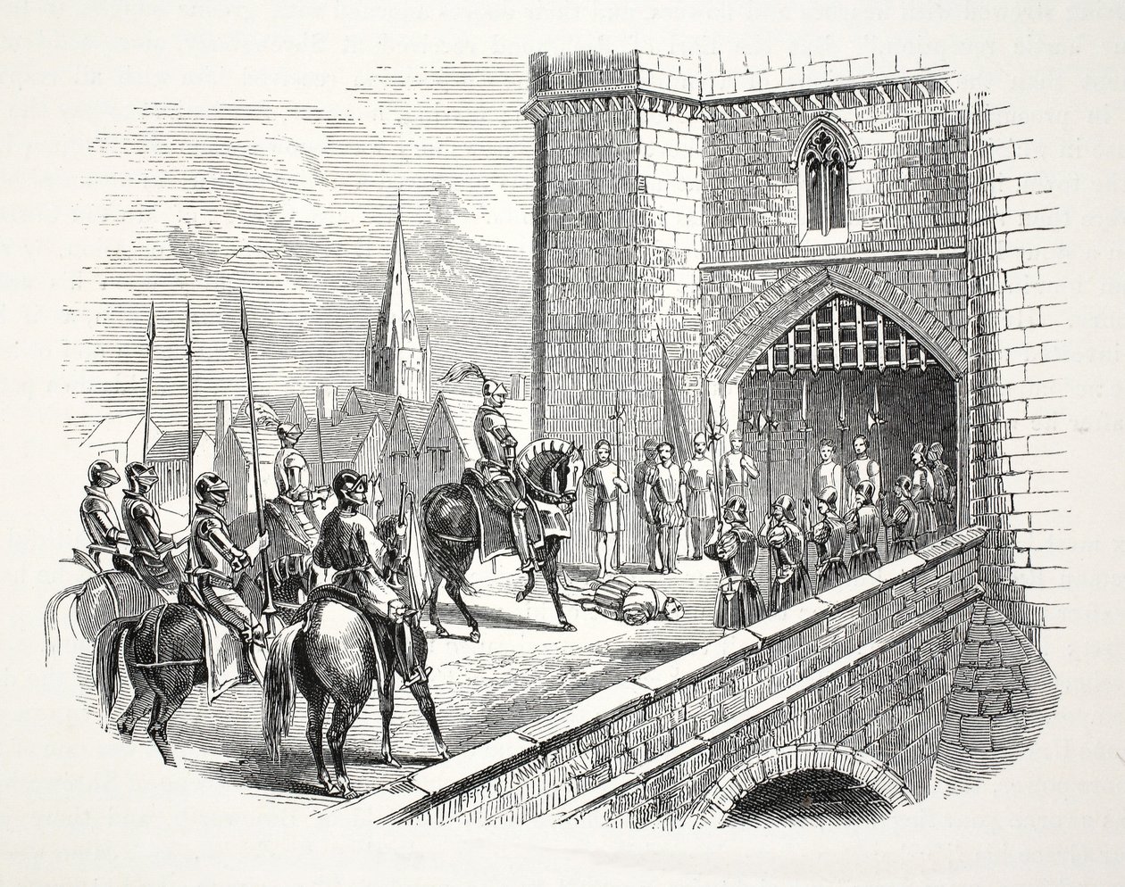 Henry Earl of Richmonds (etterpå Henry VII) inngang til Shrewsbury over Mayors-kroppen, pub. 1800-tallet (stålgravering) av English School