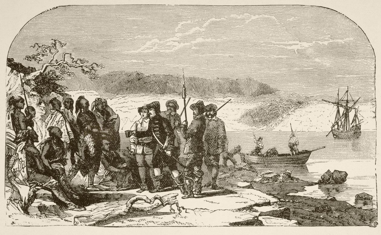 Henry Hudson tilbyr brennevin til indianerne i 1609 (litho) av English School