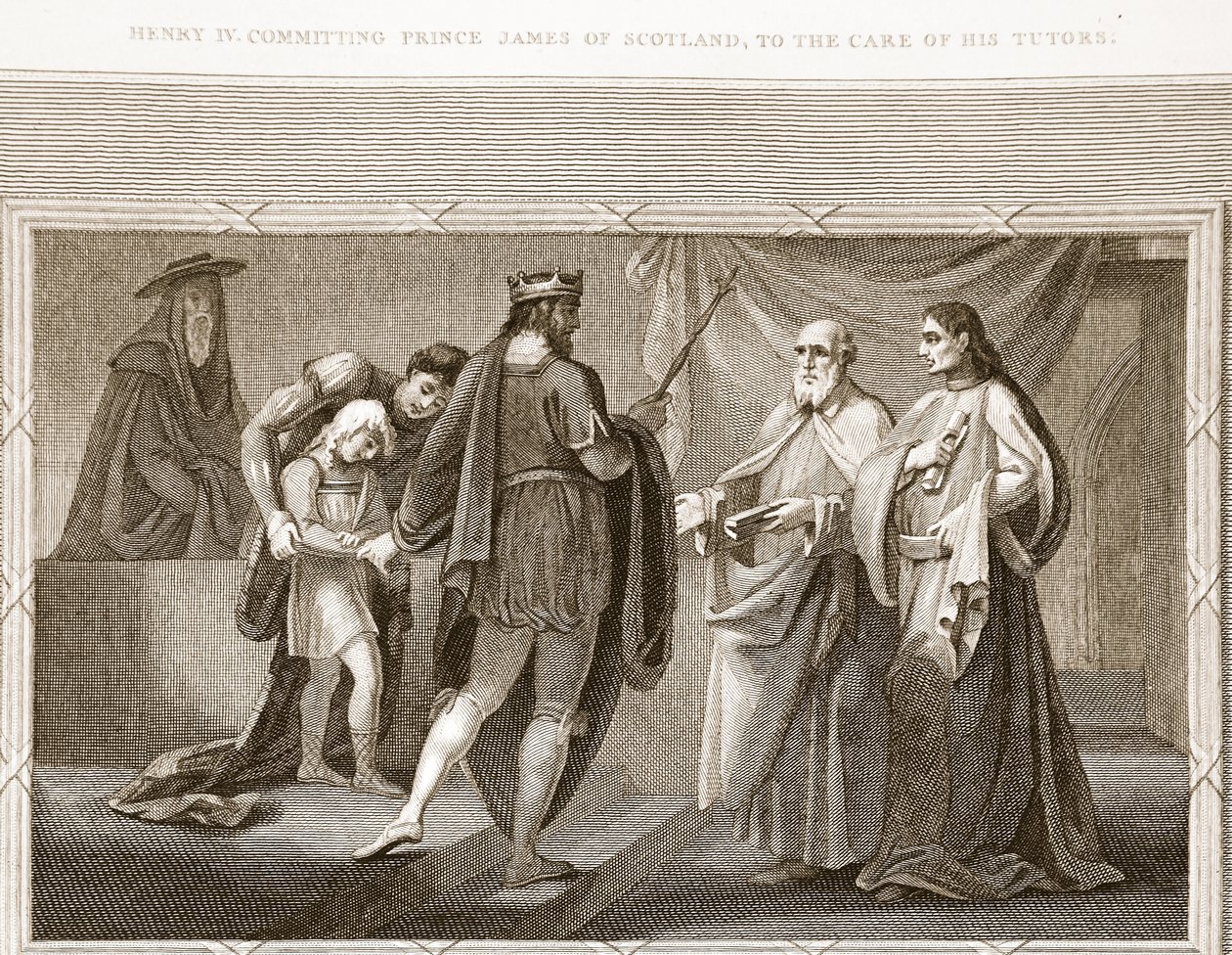 Henry IV forplikter prins James av Skottland, til omsorgen for sine lærere, illustrasjon fra David Humes The History of England, pub. av R. Bowyer, London, 1812 av English School