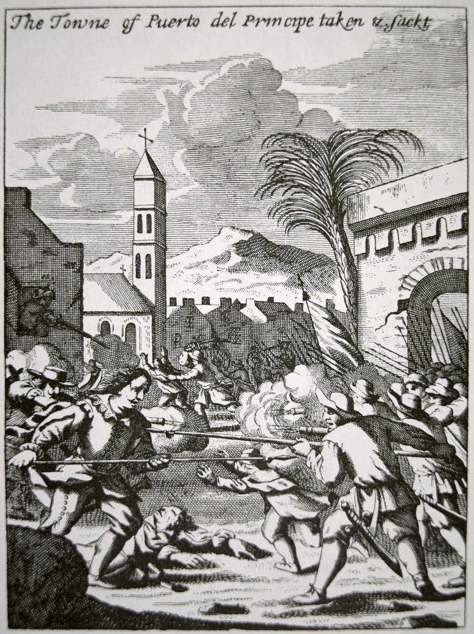 Henry Morgan fanger og plyndrer byen Puerto de Principe, Cuba, i 1668, illustrasjon fra 'The Buccaneers of America' av John Esquemeling, utgitt 1699 (gravering) av English School