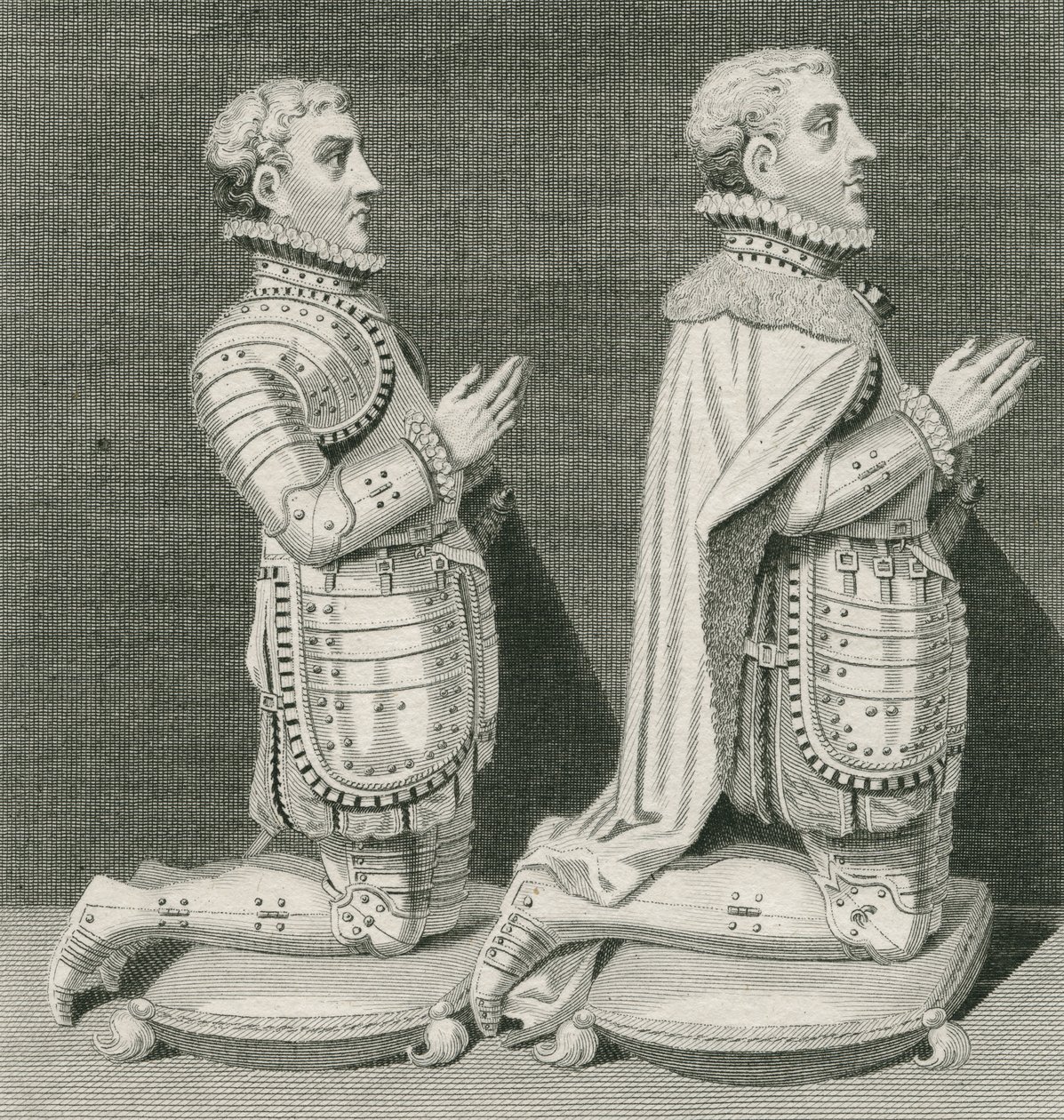 Henry Stuart, Lord Darnley og broren Charles Stuart, jarl av Lennox, kneler foran morens grav i Westminster Abbey, gravert av Andrew Birrell, 1796 av English School