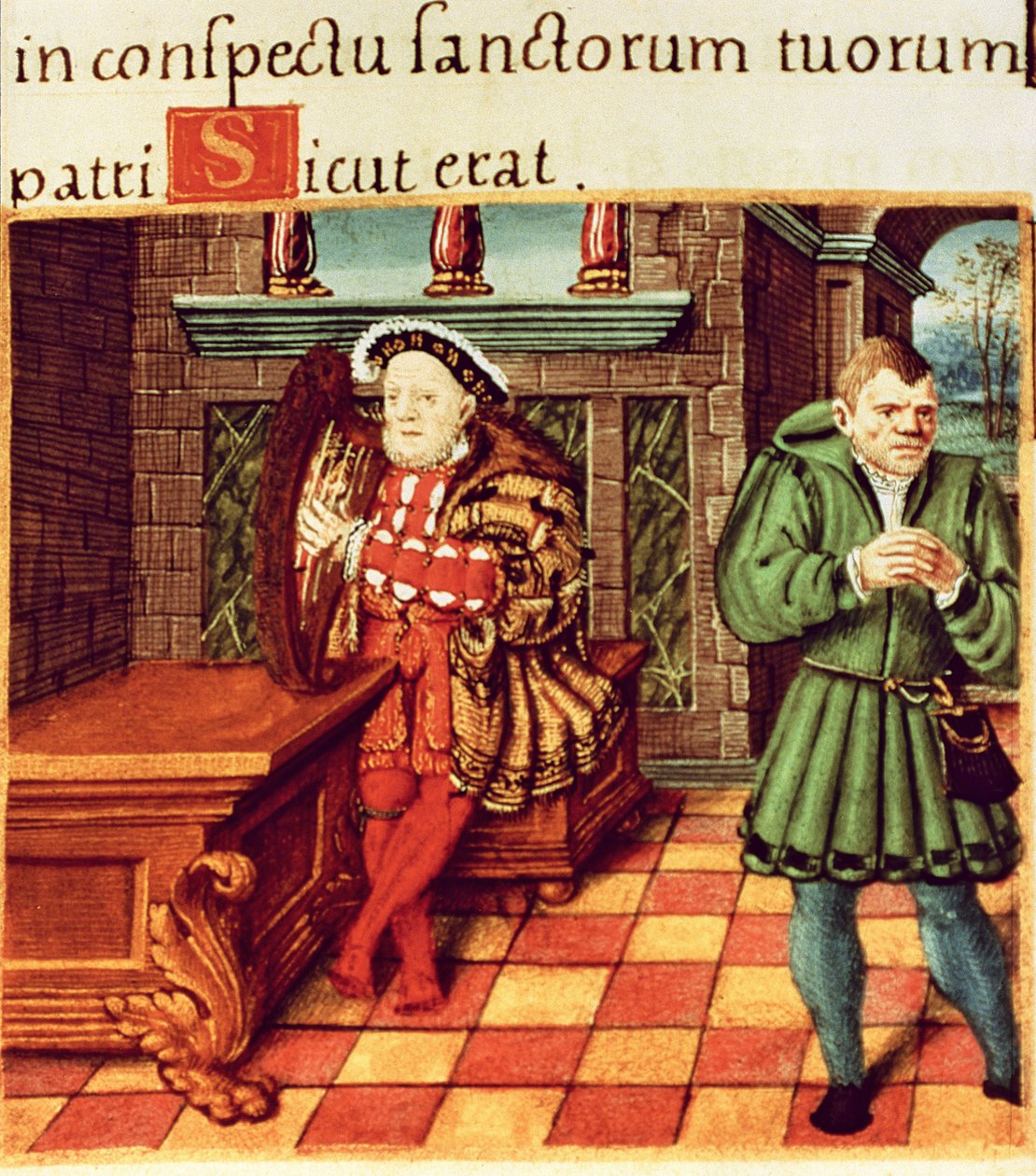Henry VIII spiller en harpe med sin narr Will Somers, fra King