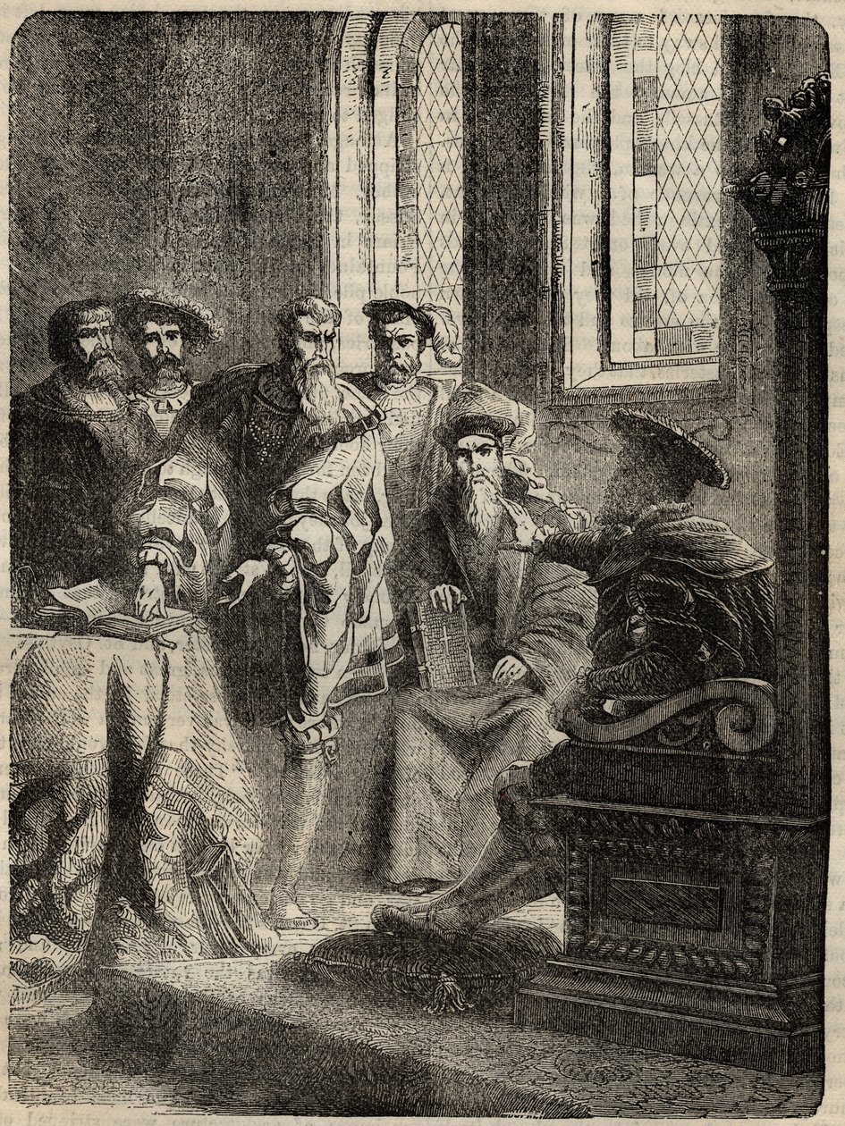 Henrik VIII. og hans råd som ordinerte oversettelsen av Bibelen til engelsk - 1538 - gravering fra "" History of England"" av Cassell Petter & Galpin av English School
