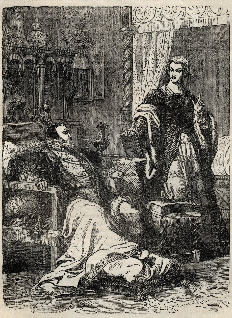 Henry VIII og dronningen Catherine Parr (1512-1548) - gravering fra "" History of England" av Cassell Petter & Galpin av English School