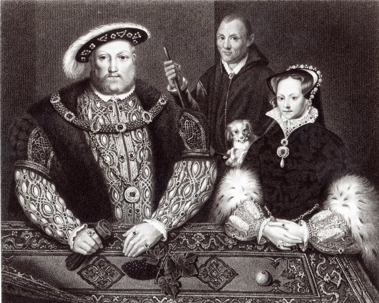 Henry VIII, hans datter Queen Mary og Will Somers, etter et oljemaleri fra 1500-tallet, malt posthumt, 1821 av English School