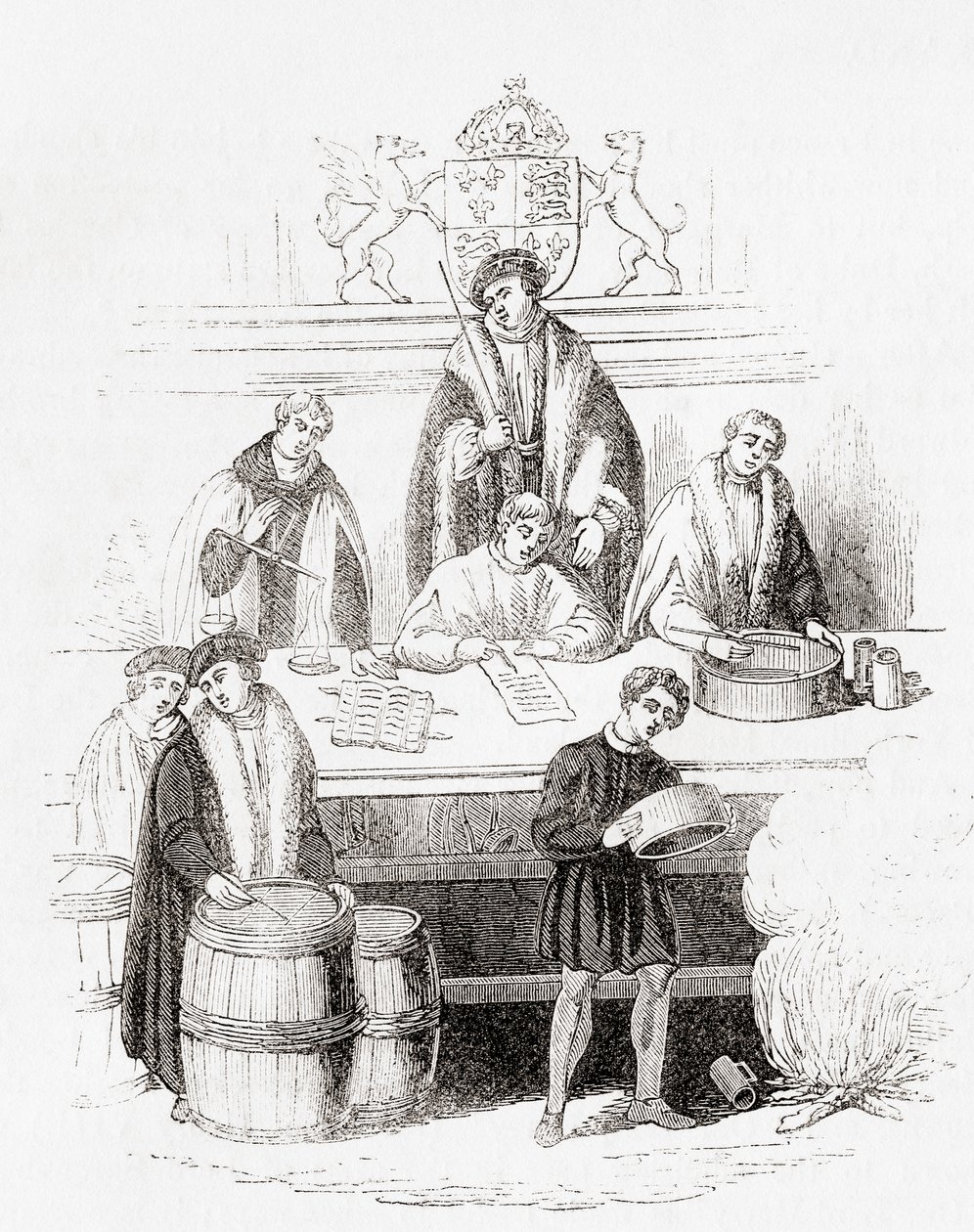 Henry VIIs rettssak av vekter og mål ved statskassen i 1497, fra Old England: A Pictorial Museum, pub. 1847 av English School