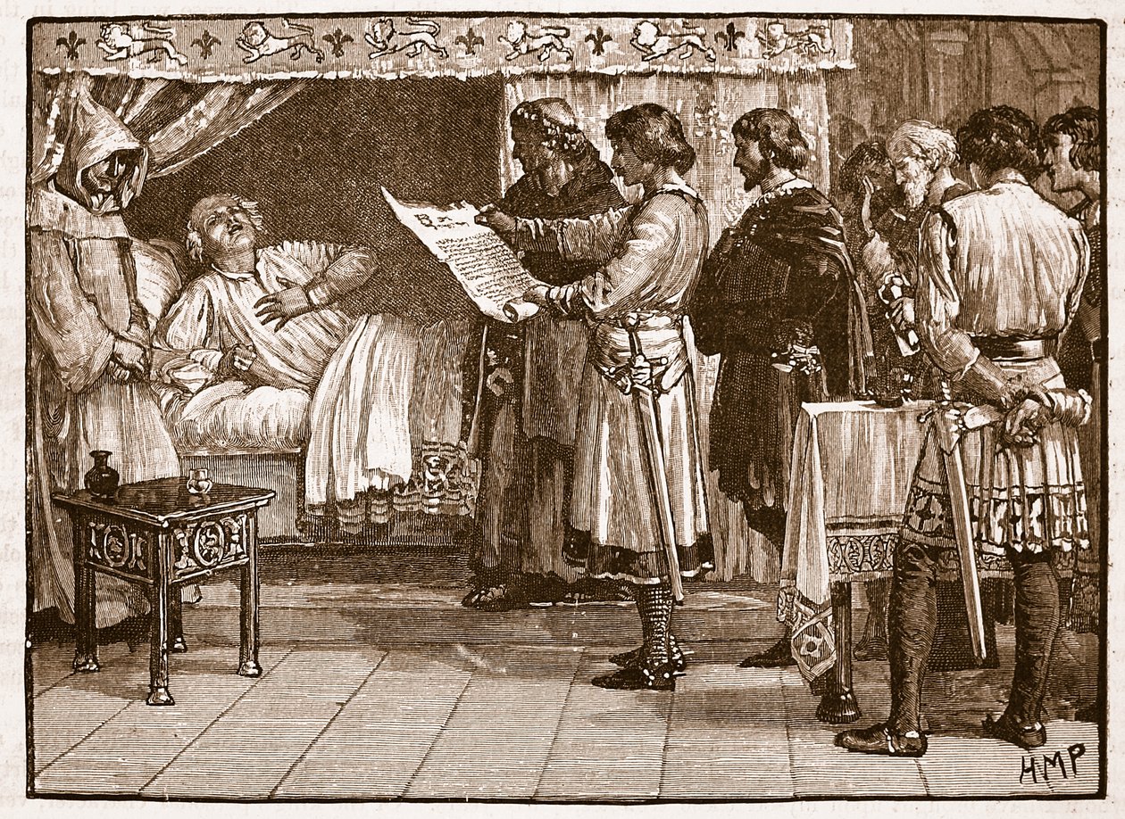 Henry mottar nyheten om Johns forræderi, illustrasjon fra Cassells Illustrated History of England (sepia-bilde) av English School