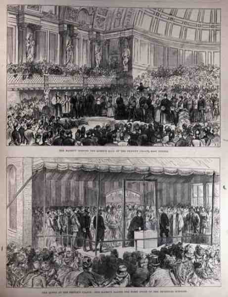 Hennes Majestet åpner Queens Hall of the Peoples Palace og legger den første steinen til de tekniske skolene, fra The Illustrated London News, 21. mai 1887 av English School