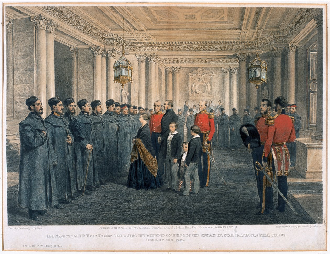 Hennes Majestet Dronning Victoria (1819-1901) og H.R.H Prince Albert (1819-61) inspiserte de sårede soldatene fra Grenadier Guards ved Buckingham Palace, 1855 av English School
