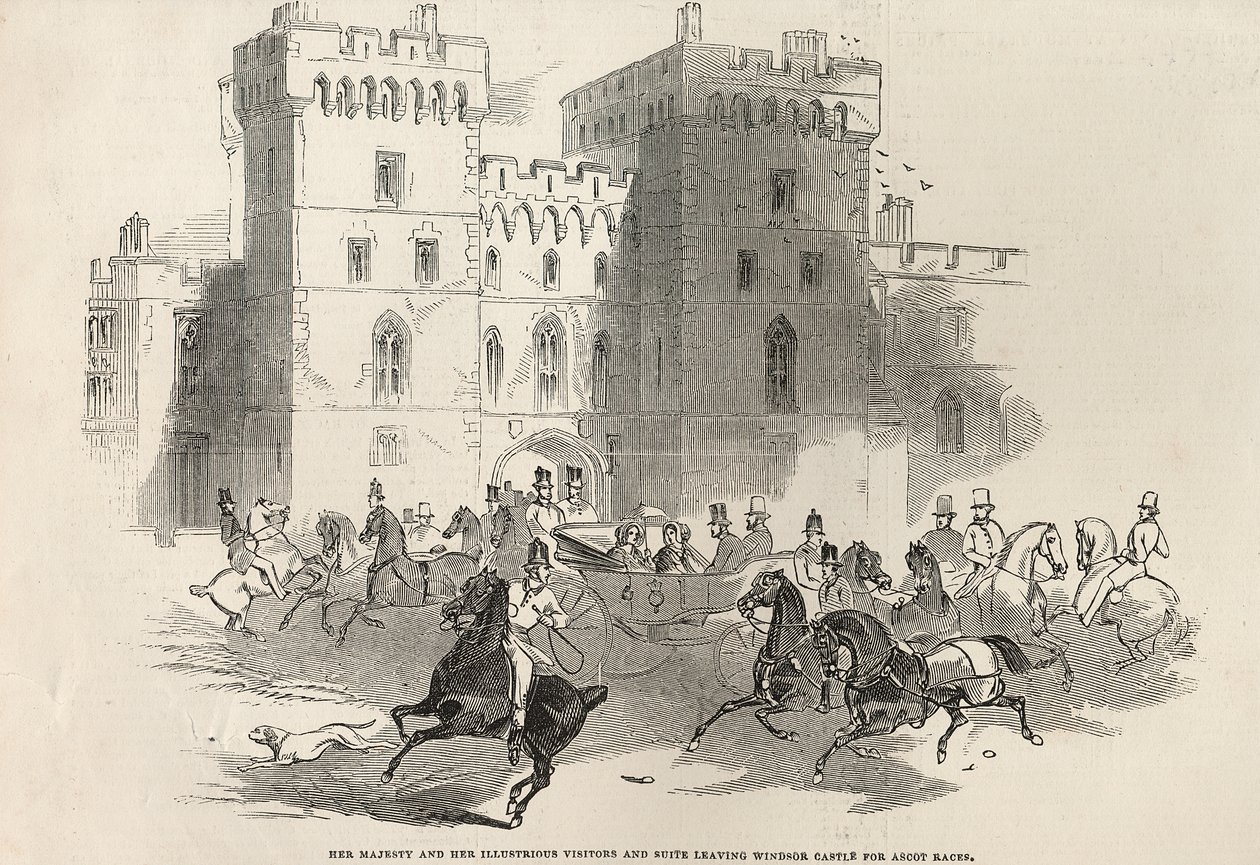Hennes Majestet og hennes illustrerte besøkende og suite forlater Windsor Castle for Ascot Races, fra 'The Illustrated London News', 14. juni 1845 av English School