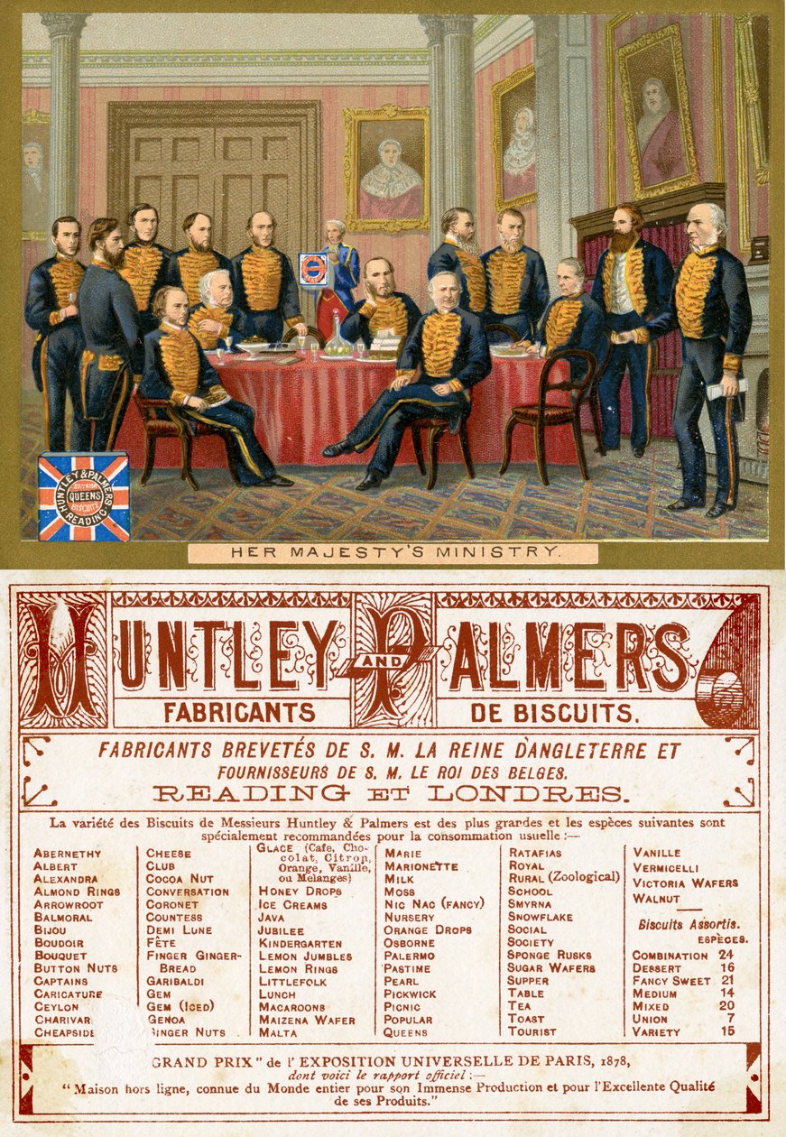 Hennes Majestets departement, foran og bak på et kampanjekort for Huntley & Palmers Biscuits, produsert for det franske markedet ca. 1890 av English School
