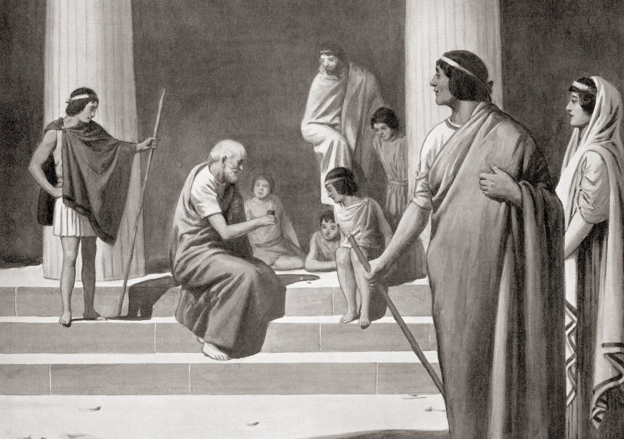 Heraclitus spiller på terninger med gutter for å vise sin forakt for de vanlige yrkene til menn, fra Hutchinson's History of the Nations, pub.1915 av English School