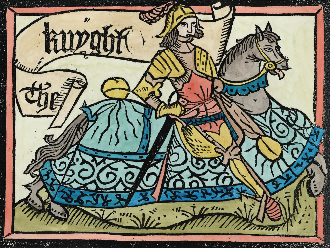 Her Begynneth the Knightes Tale, illustrasjon fra The Canterbury Tales av Geoffrey Chaucer (ca. 1345-1400) trykt av William Caxton (ca. 1422-91) 1434 (senere fargelegging) av English School