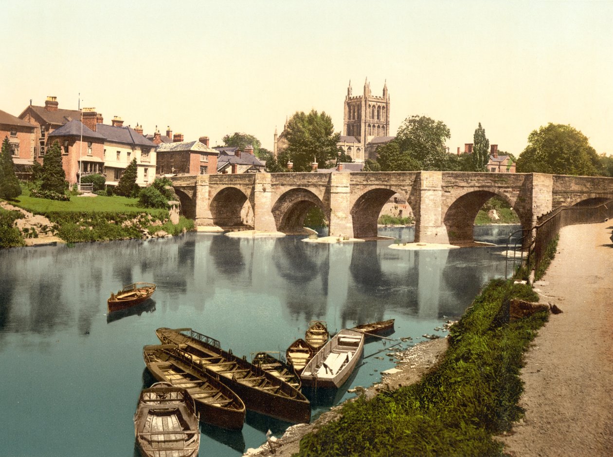 Hereford Cathedral og Wyl Bridge (håndfarget bilde) av English School