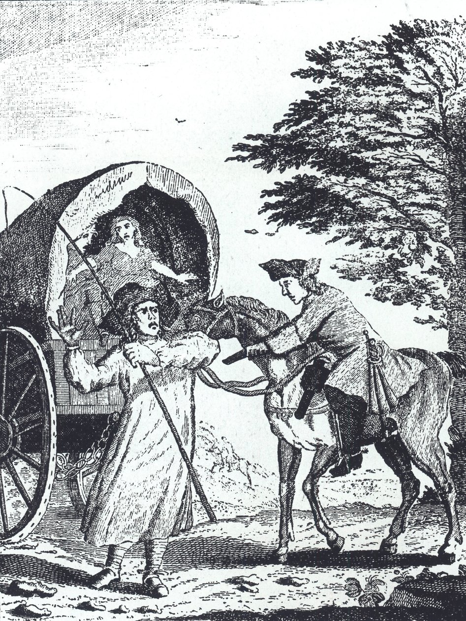 Highwayman John Cottington raner en hærlønnsvogn på Shotover Hill (gravering) av English School