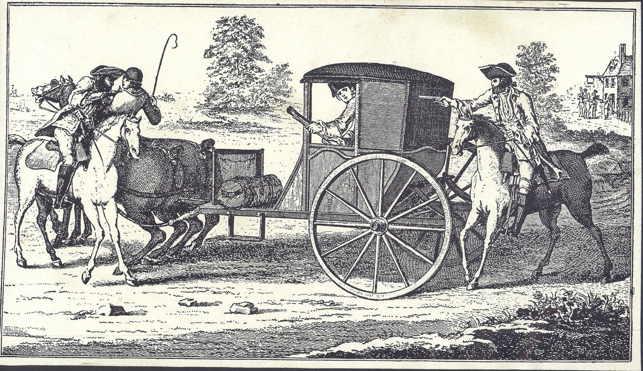 Highwaymen James MacLaine og William Plunkett raner jarlen av Eglinton på Hounslow Heath, 26. juni 1750 (gravering) av English School