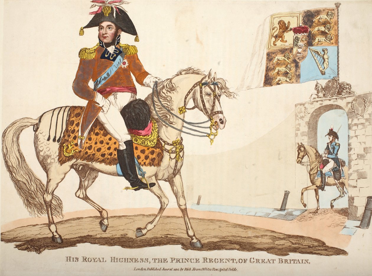 Hans Kongelige Høyhet, The Prince Regent of Great Britain, pub. av Richard Evans, engr Romney, illustrasjon fra An Historical Account of the Battle of Waterloo av William Mudford, 1816 (farget gravering av English School