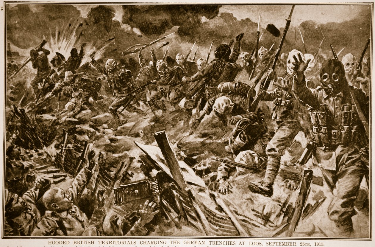 Britiske territoriale med hette lader de tyske skyttergravene ved Loos, 25. september 1915, 1914-19 av English School