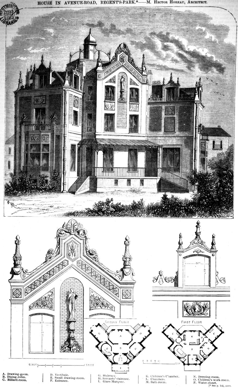 Hus i Avenue Road, Regents Park, designet av Hector Horeau, 1859 av English School