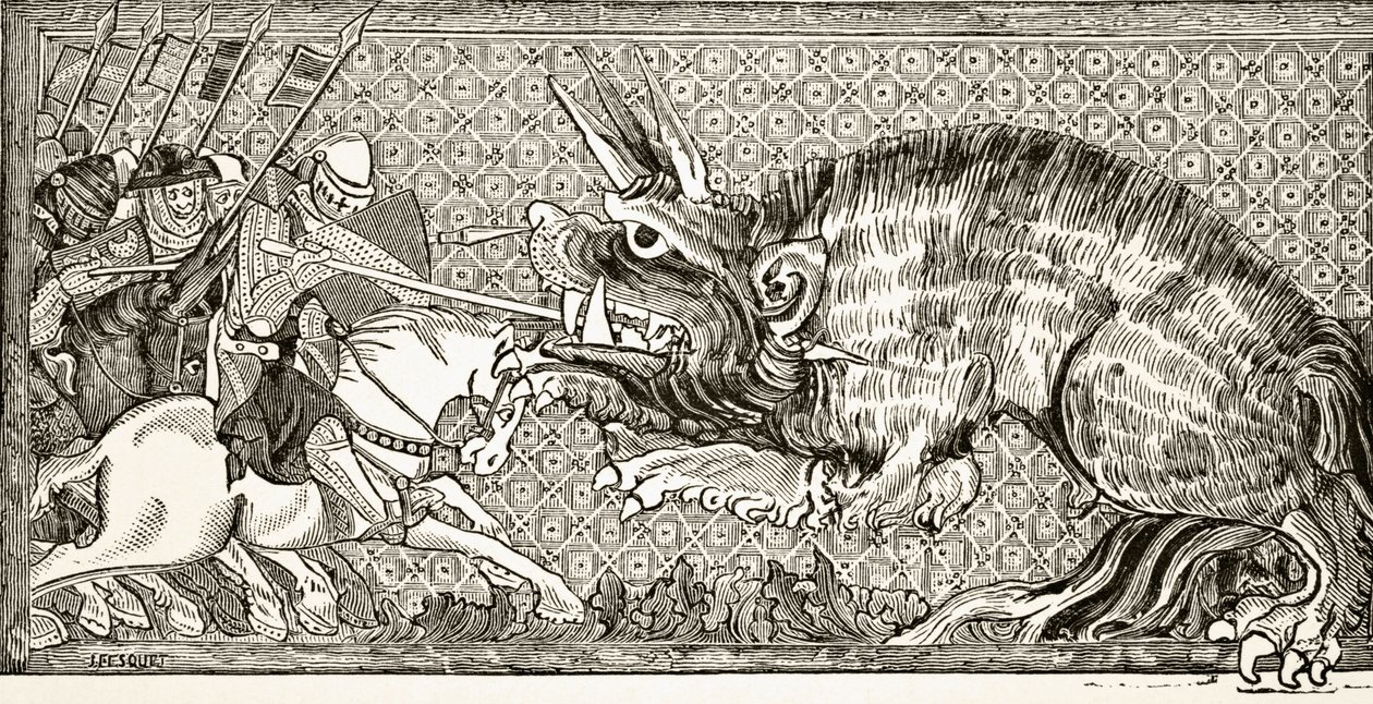 Hvordan Alexander kjempet mot udyret, etter en miniatyr i et manuskript fra 1200-tallet, fra "Vitenskap og litteratur i middelalderen", av Paul Lacroix, 1878 av English School