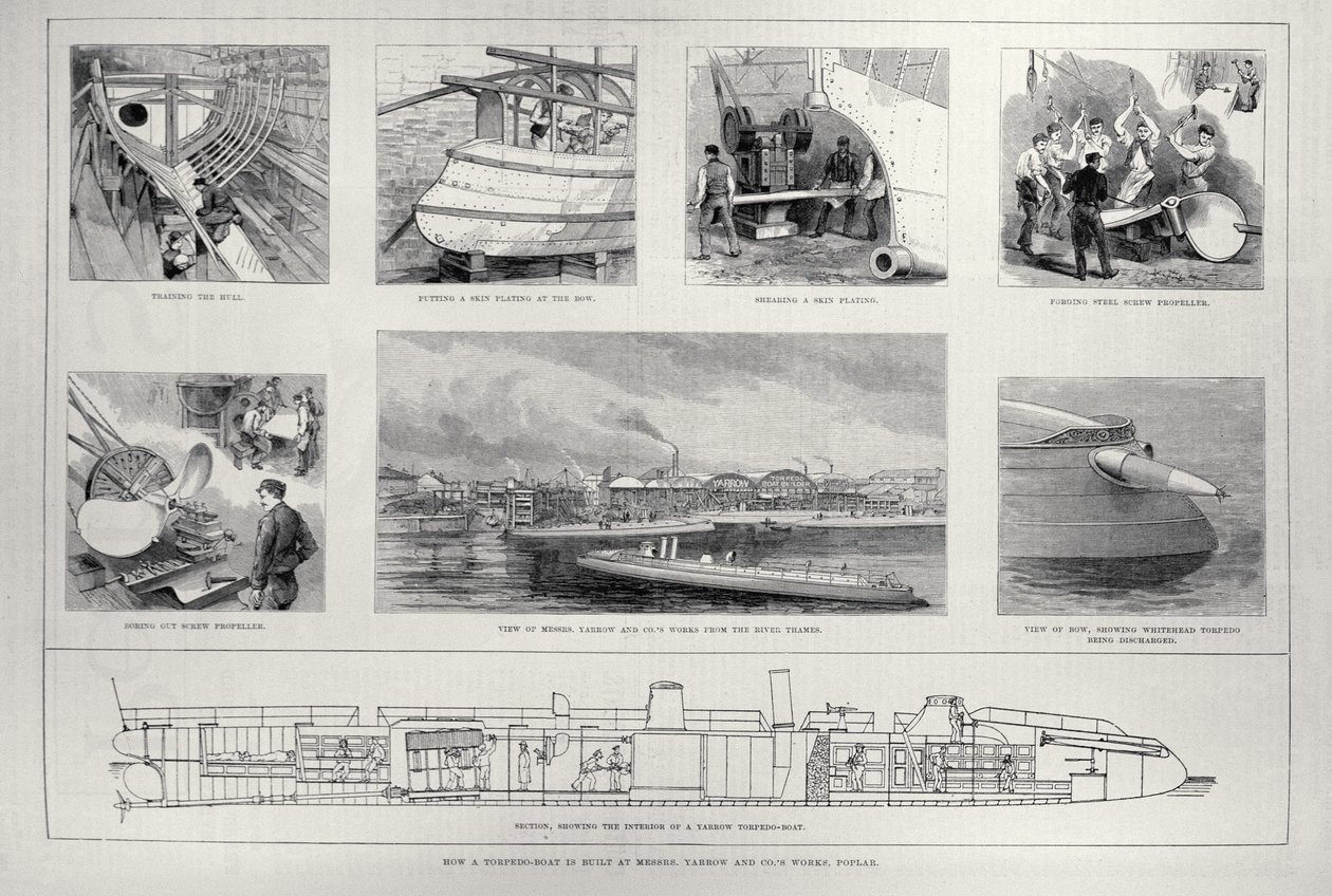 Hvordan en torpedobåt bygges ved Mrs. Yarrow and Co.'s Works, Poplar, fra 'The Illustrated London News', 27. mars 1886 av English School