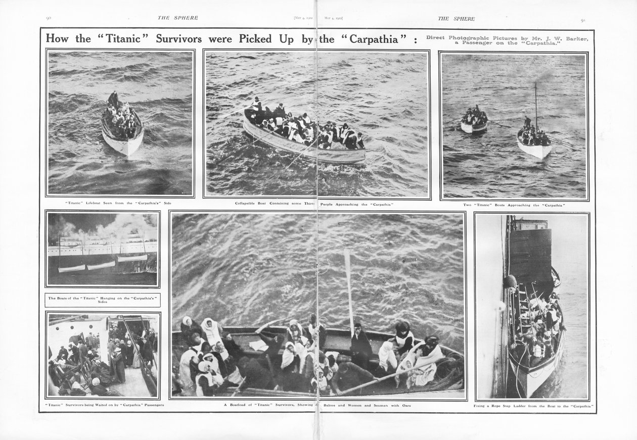 Hvordan Titanic-overlevende ble plukket opp av Carpathia, fra The Sphere, 4. mai 1912 av English School