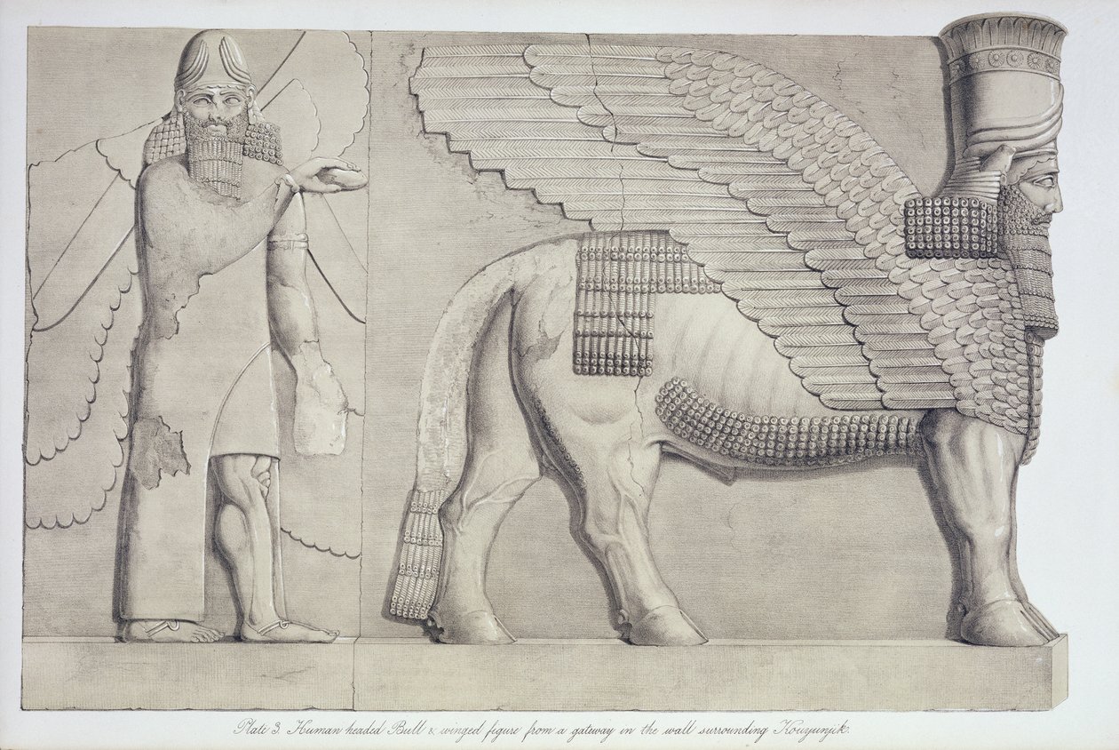 Okse med menneskehode og bevinget figur fra en port på veggen rundt Koujunjik, plate 3 fra Nineveh and its Remains av Austen Henry Layard (1817-94) publisert 1849 av English School