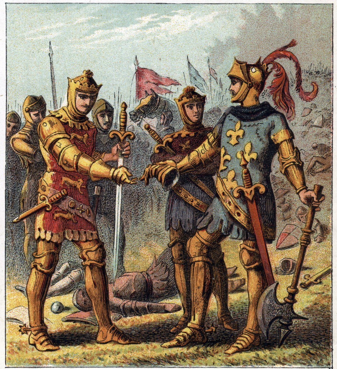 Hundreårskrig: Slaget ved Poitiers (1356). Kongen av Frankrike John II den gode (1319-1364) erkjente sitt nederlag og dro til Edward Plantagenet av England (Edward av Woodstock Brackembury) av English School