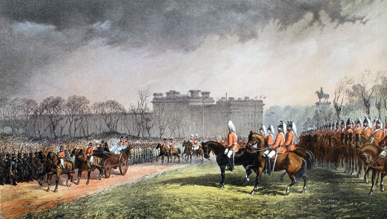 Hyde Park - Prinsessen passerer linjene til de frivillige, 7. mars 1863, fra A Memorial of the Marriage of Edward VII and Alexandra of Denmark, pub. 1864 av English School