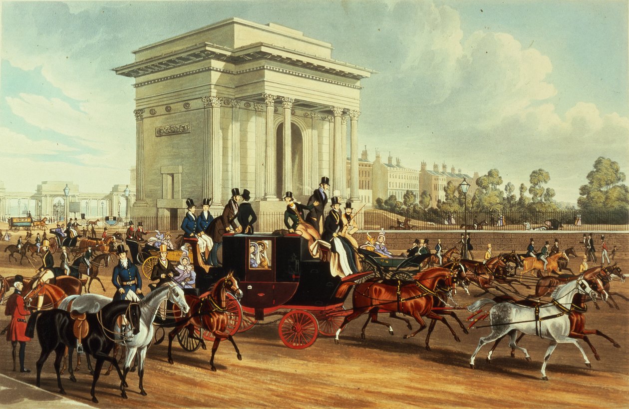 Hyde Park Corner, etter James Pollard, utgitt av Ackermann, 1836 (akvatint) av English School