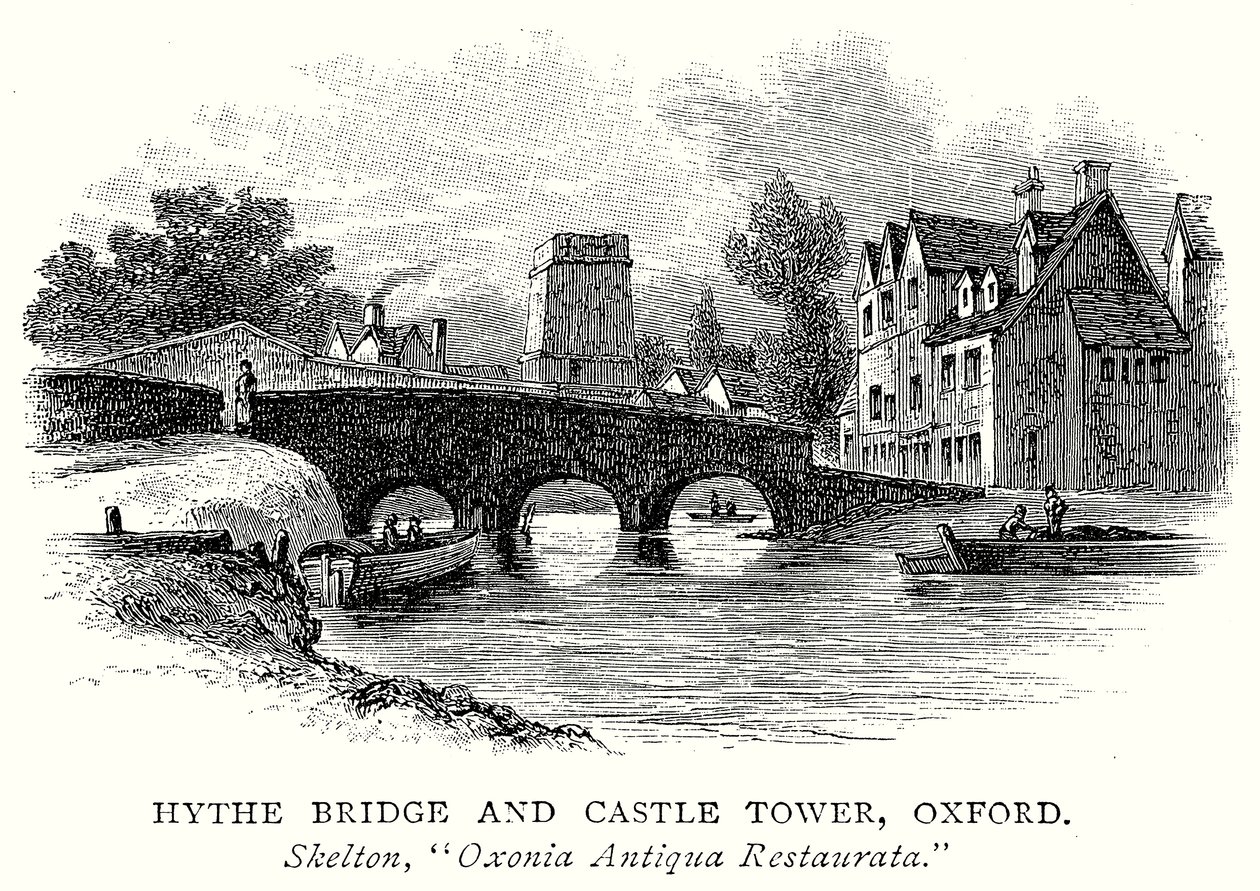 Hythe Bridge og Castle Tower, Oxford (gravering) av English School