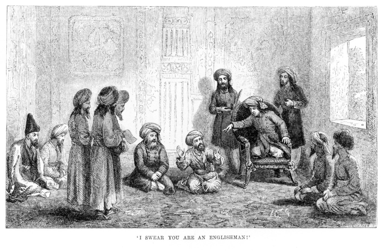 Jeg sverger at du er en engelskmann: forfatterens forkledning er avslørt i Herat, fra Travels in Central Asia...in...1863, 1864 av Arminius Vambery av English School