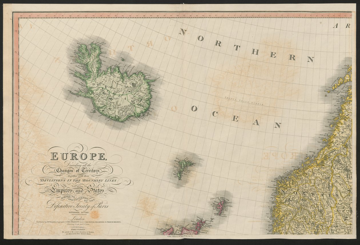 Island og Norge, fra Europa, som beskriver alle endringene i territoriet, sammen med deres avvik i grenselinjene til dets flere imperier og stater som ble enige om og bekreftet av den definitive Paris-traktaten, 20. november 1815, publisert 1816 (colo av English School