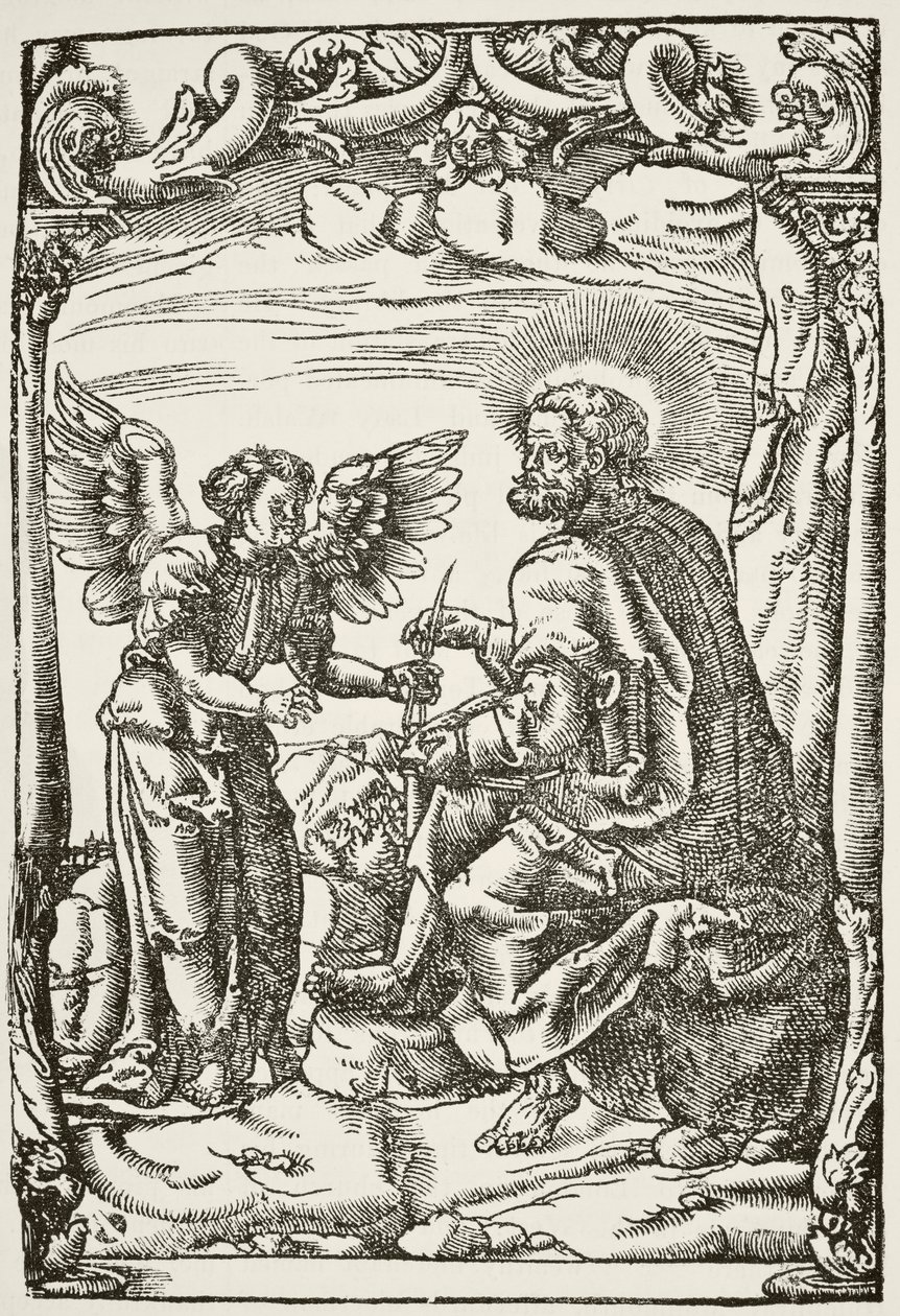 Illustrasjon fra begynnelsen av Tyndales første engelske oversettelse av Det nye testamente, utgitt i Köln i 1525, fra The National and Domestic History of England av William Hickman Smith Aub av English School