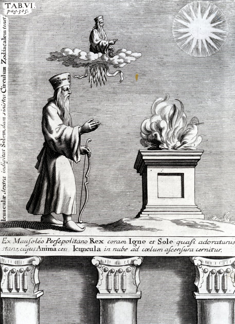 Illustrasjon av Zoroaster som tilber ild og sol, 1697 av English School