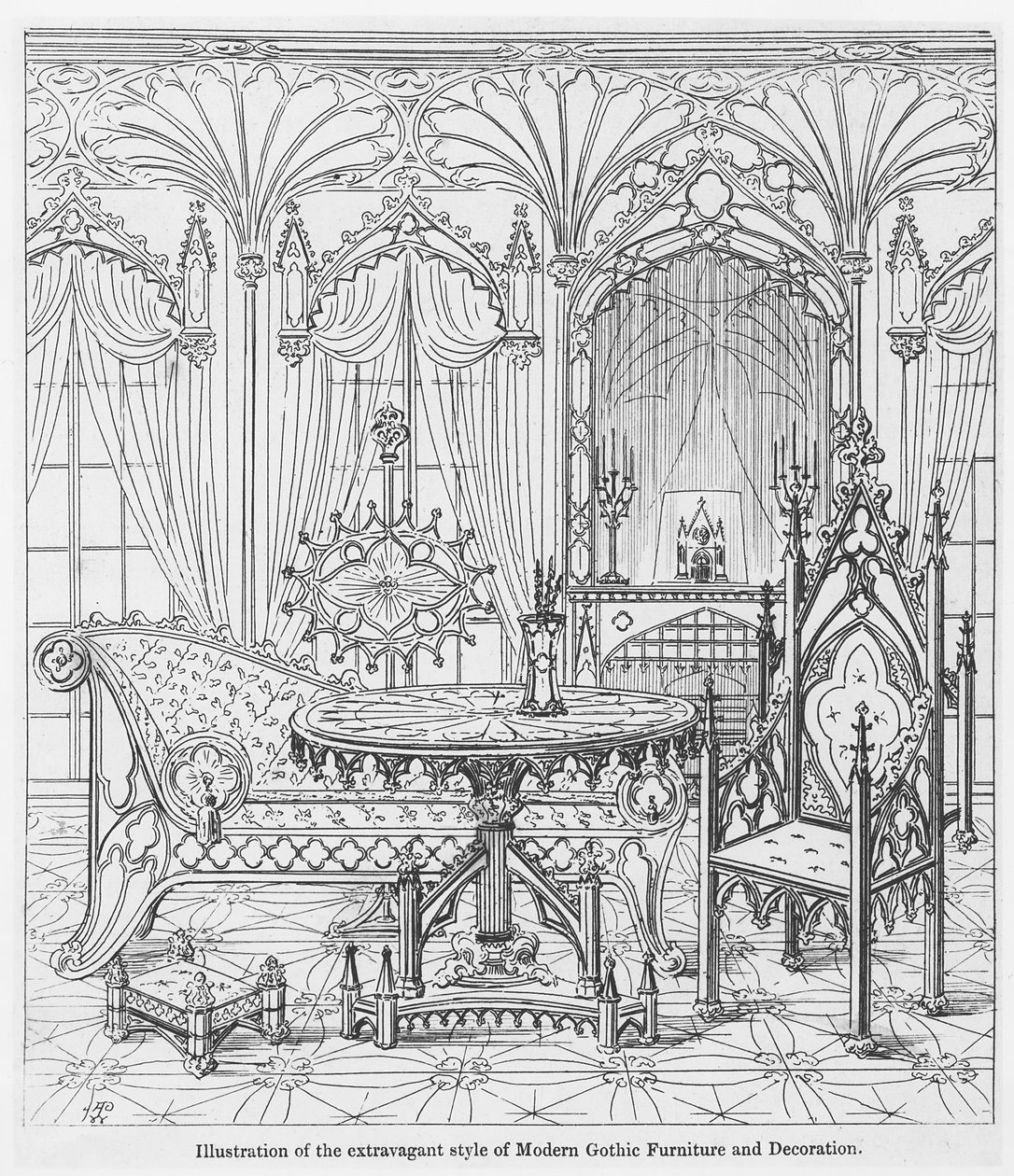 Illustrasjon av den ekstravagante stilen til moderne gotiske møbler og dekorasjoner, fra True Principles of Pointed of Christian Architecture, av Augustus Welby Pugin (1812-52) av English School