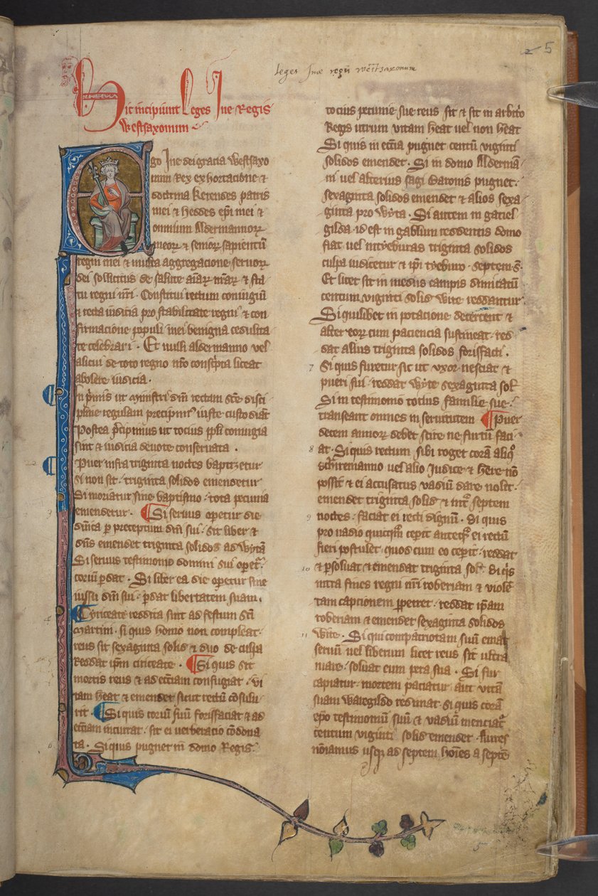 Bilde av kong Ine fra Statutes of England, bomullsmanuskript Claudius D II, f.5r av English School