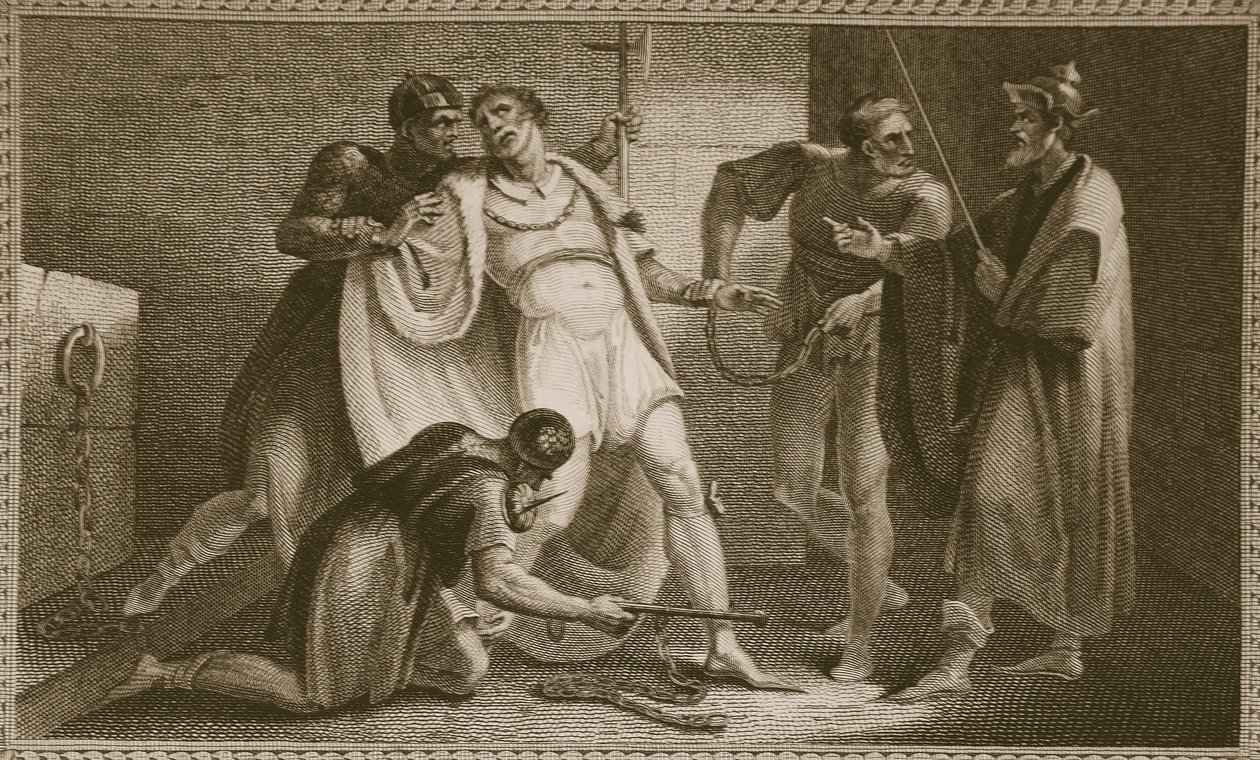 Fengsling av Stephen, illustrasjon fra David Humes The History of England, pub. av R. Bowyer, London, 1812 av English School