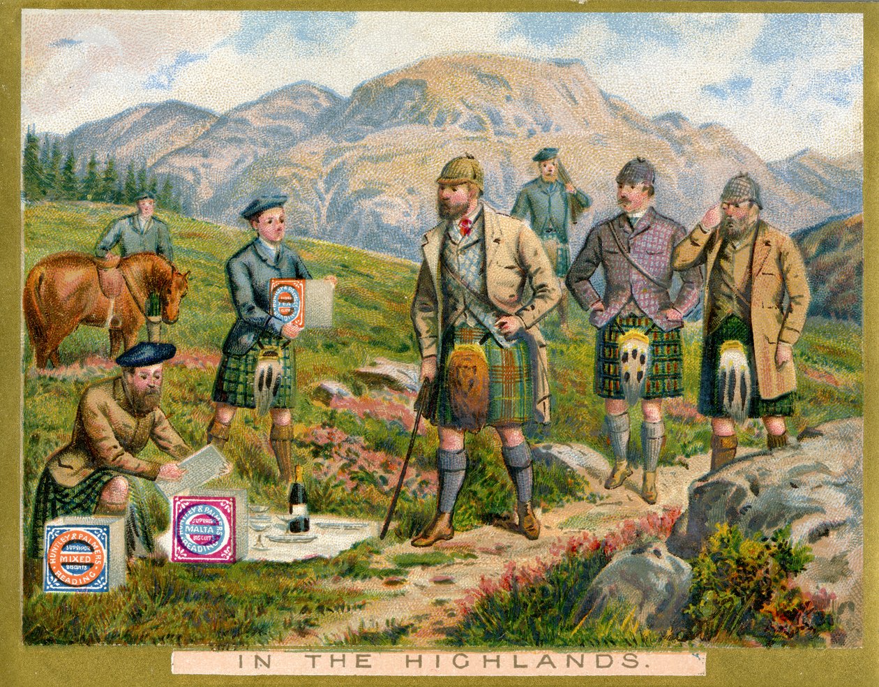 In the Highlands, et kampanjekort for Huntley & Palmers Biscuits, ca. 1890 av English School
