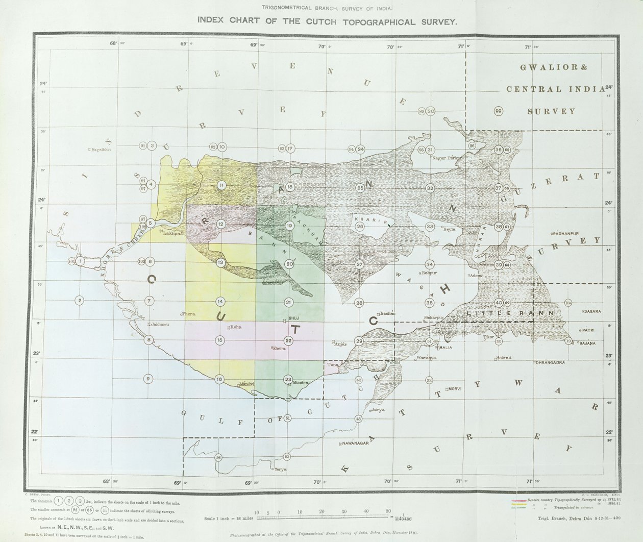 Indeksdiagram over Cutch Topographical Survey av Trigonometrical Branch, Survey of India, Dehra Dun, november, 1881 av English School