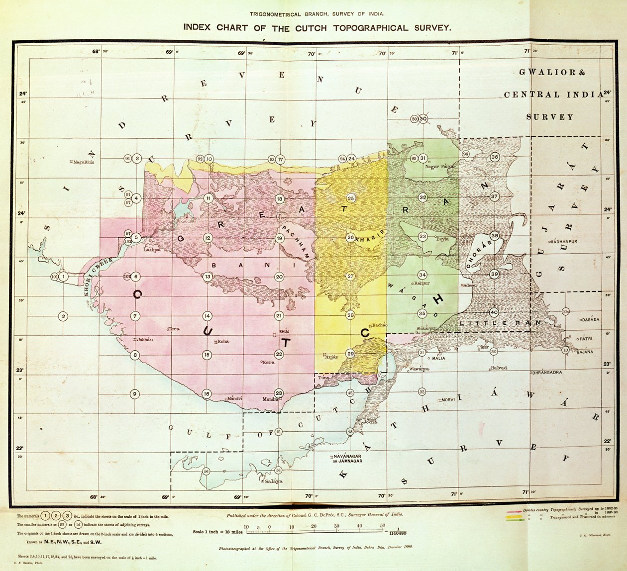 Indeksdiagram over Cutch Topographical Survey av Trigonometrical Branch, Survey of India, Dehra Dun, november, 1884 av English School