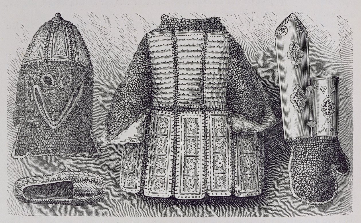 Indisk serie bestående av hjelm, tunika, hansker og sko fra Bhuj, fra The History of Mankind, Vol.III, av Prof. Friedrich Ratzel, 1898 av English School