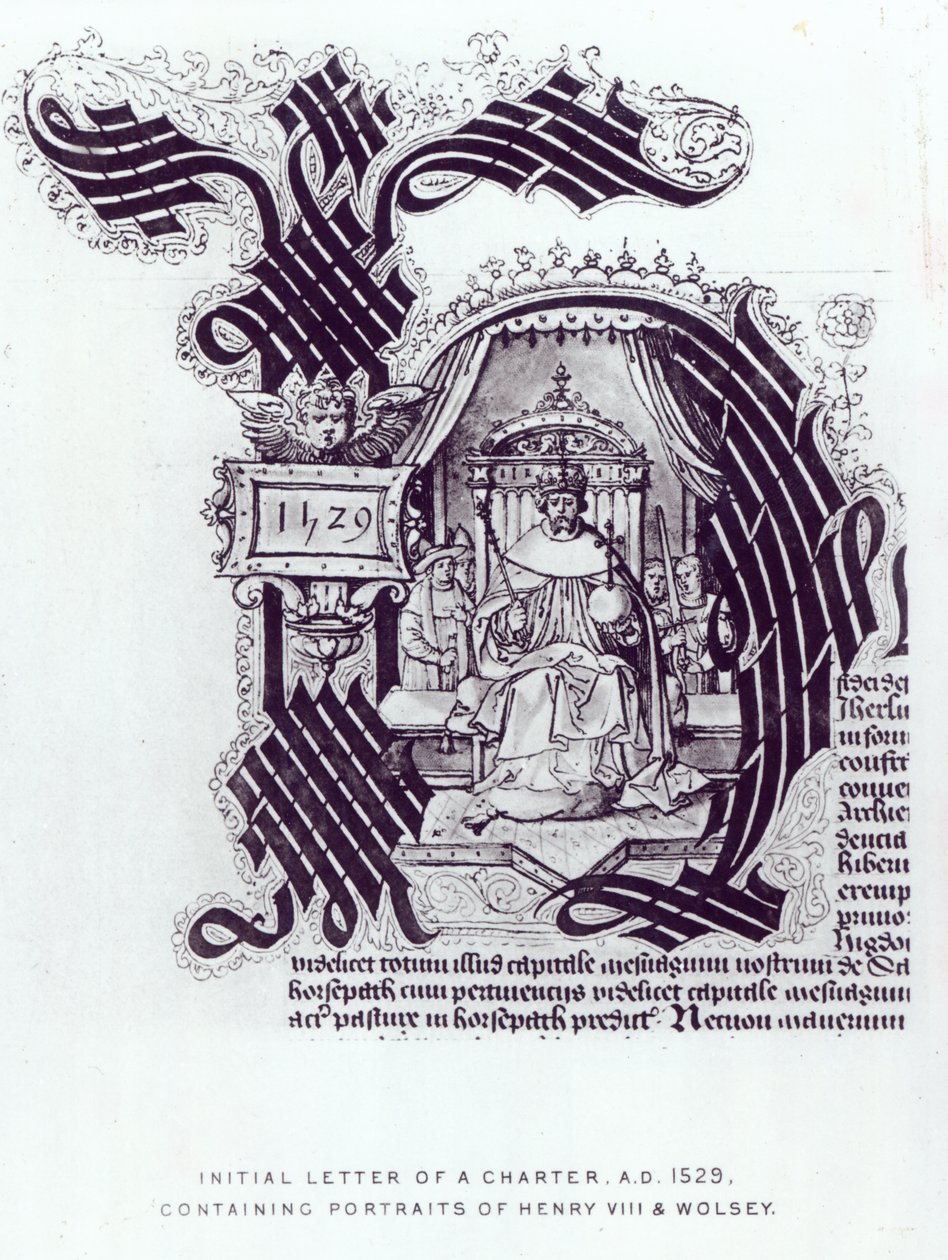 Initial Letter of a Charter som inneholder portretter av Henry VIII og Wolsey, 1529 av English School
