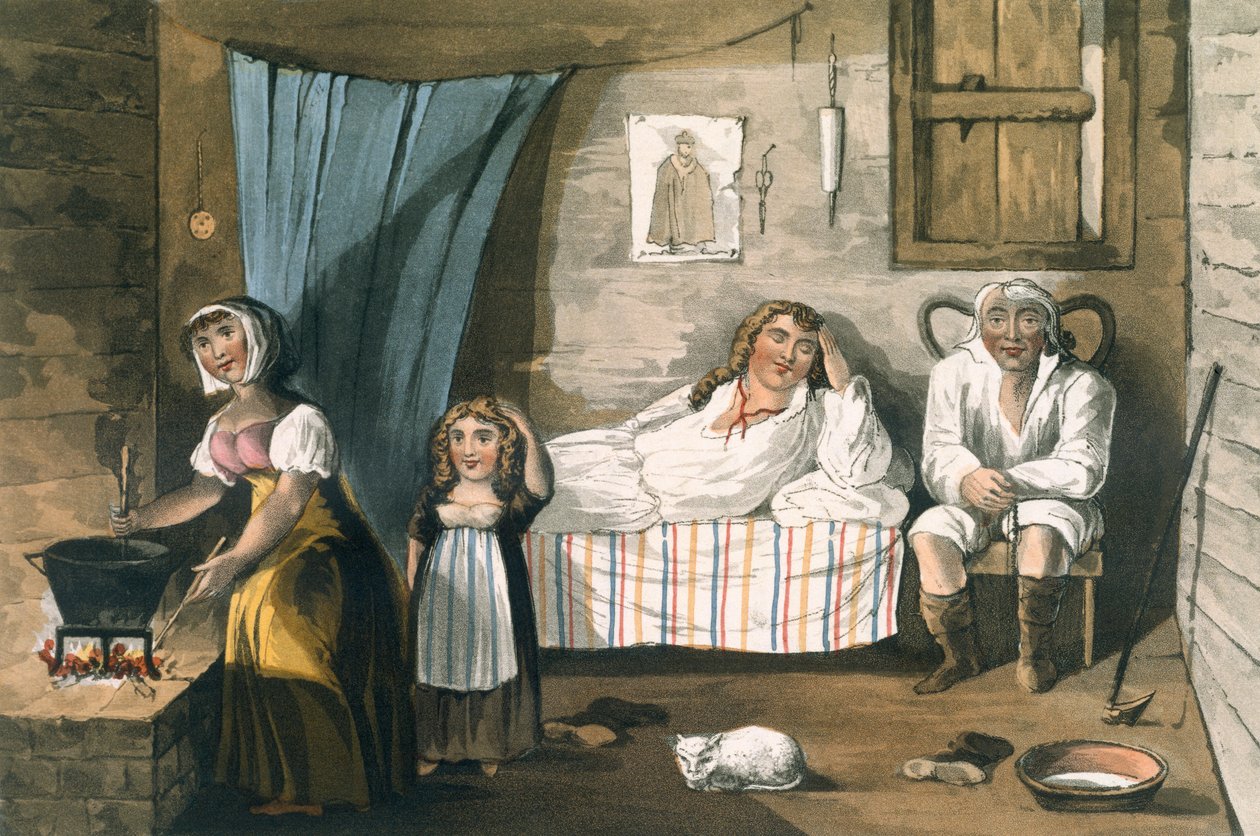 Inside a Cottage, fra A Picturesque Tour of the English Lakes av T.H. Fielding og J. Walton, utgitt av R. Ackermann, London, 1821 (håndfarget akvatint) av English School