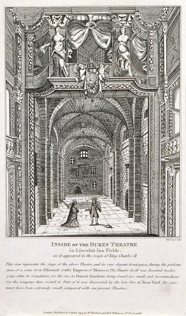 Innsiden av Dukes Theatre, London, gravert av Richard Sawyer, 1820 av English School