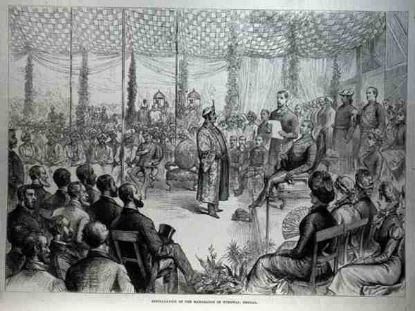 Installasjon av Maharajah av Burdwan, Bengal, fra The Illustrated London News, 21. januar 1882 av English School